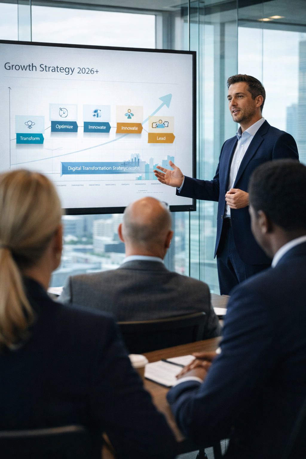 US mid-market B2B executive presenting digital transformation strategy to stakeholders